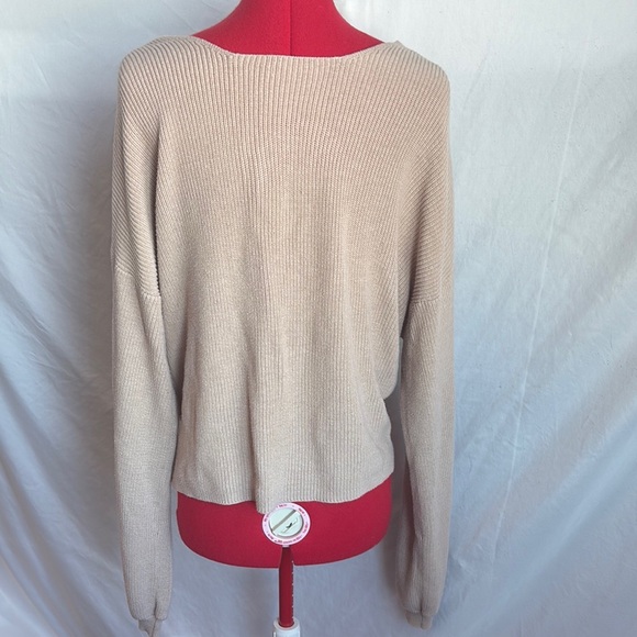 OAK + FORT Tan V-Neck Sweater with Wrap Style MM203 - Picture 4 of 6